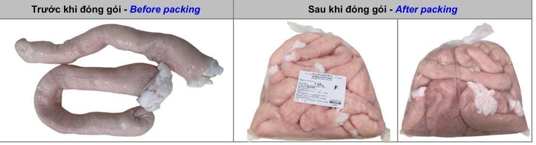 Lòng mỡ bò Úc nguyên khúc trước khi đóng gói và túi thành phẩm hút chân không